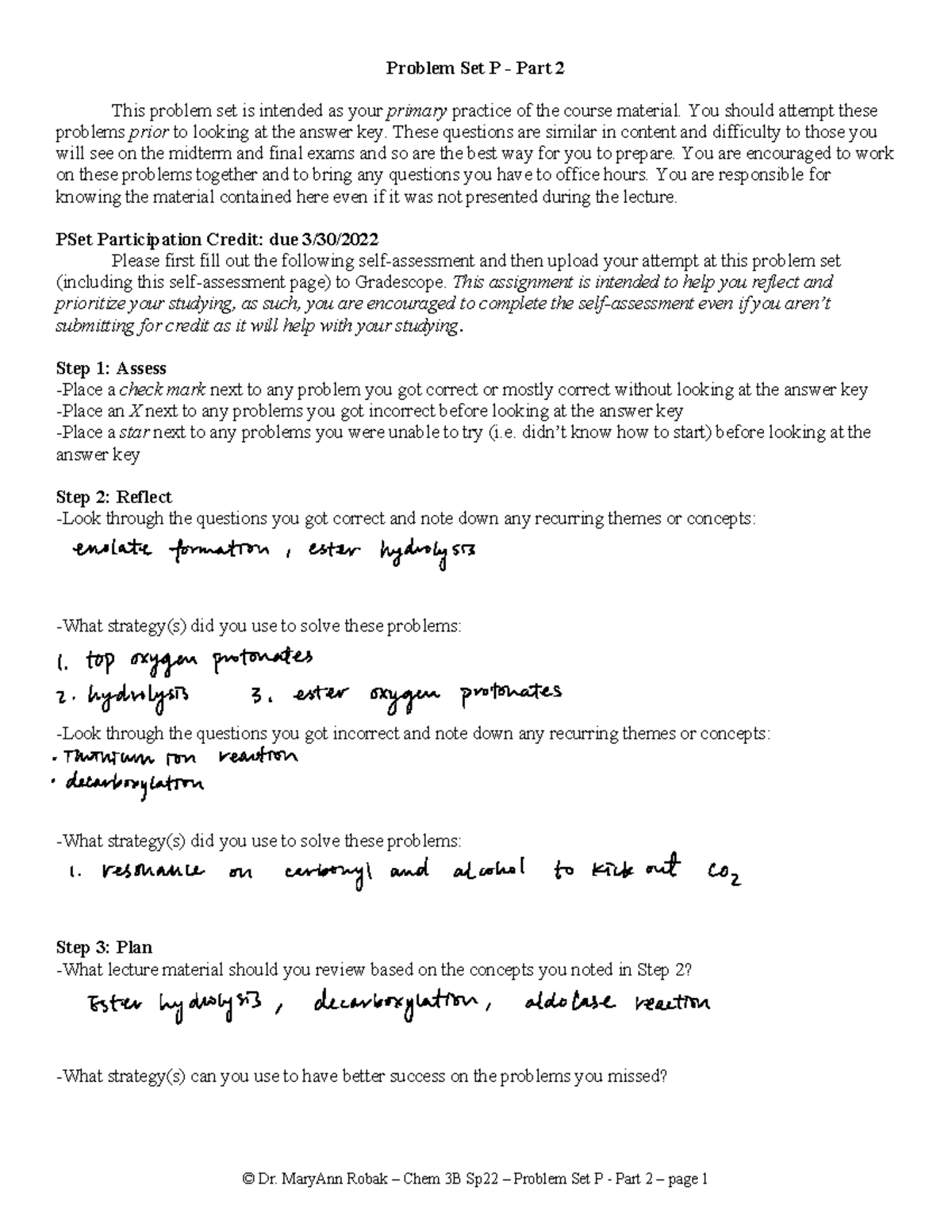 PSet P-Part2 - Problem - © Dr. MaryAnn Robak 3 Chem 3B Sp22 3 Problem ...