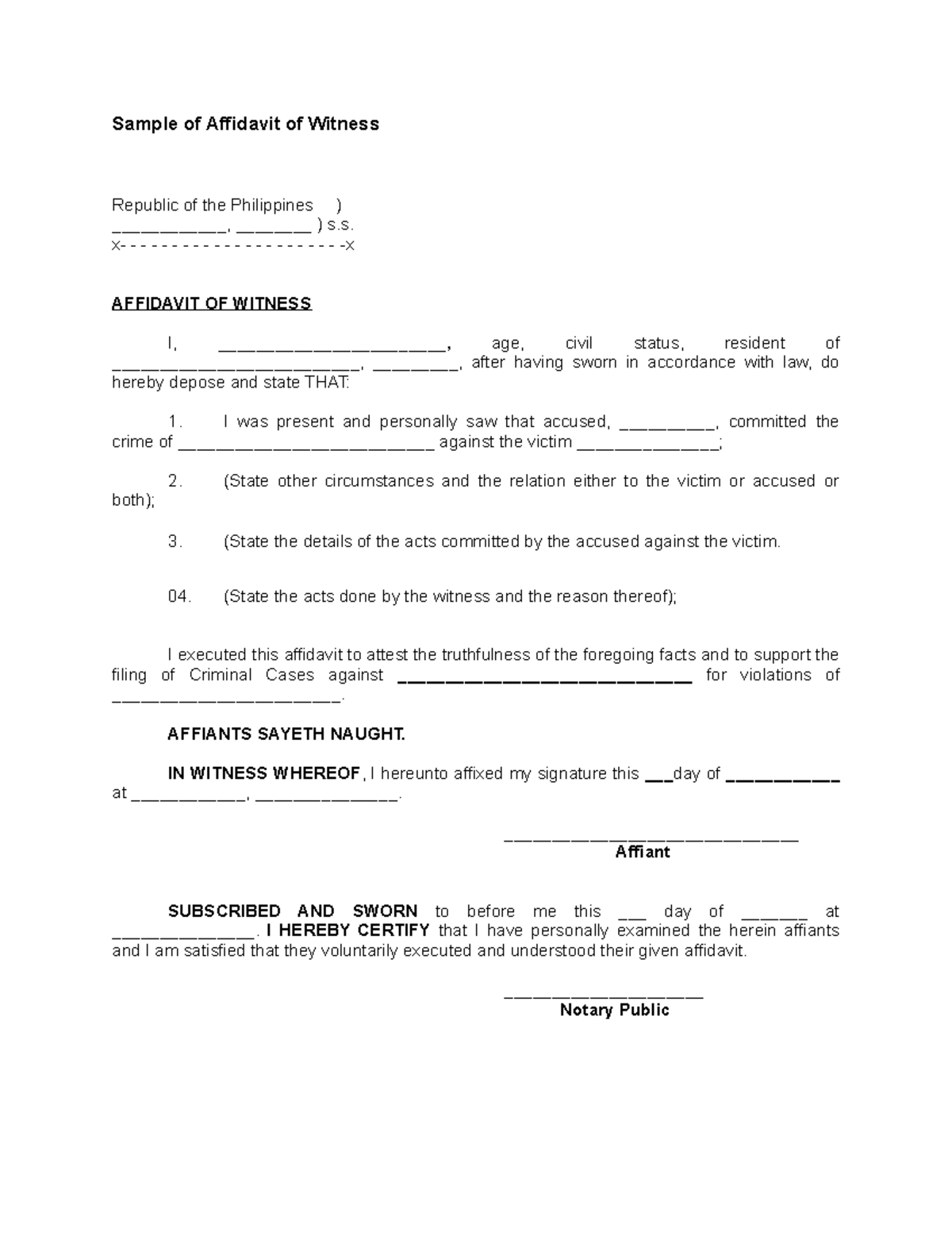 65394098 Sample Of Affidavit Of Witness Sample Of Affidavit Of Witness Republic Of The 