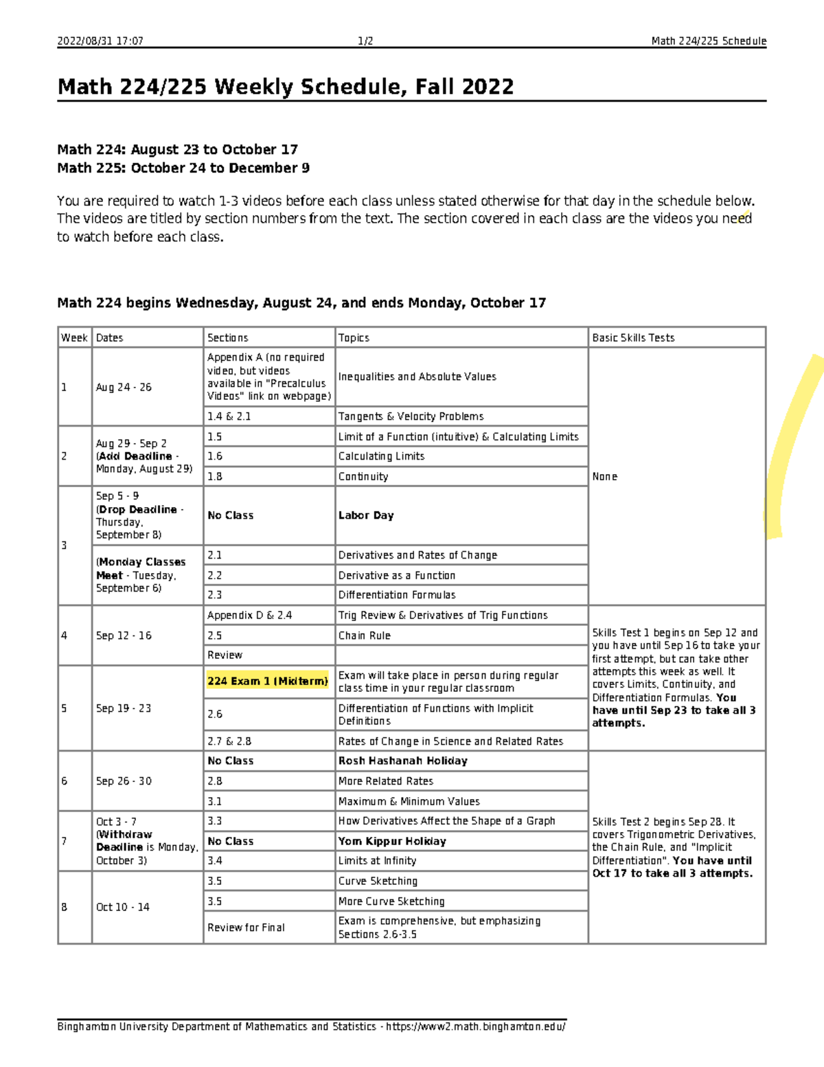 Math 224 225 schedule JNJNJN 2022/08/31 1707 1/2 Math 224/225 Schedule Binghamton
