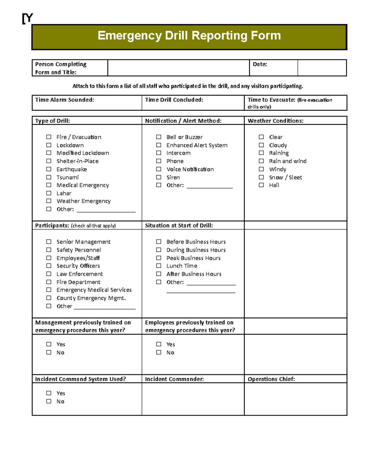 Emergency Drill Reporting Form Y Emergency Drill Reporting Form Person Completing Form And