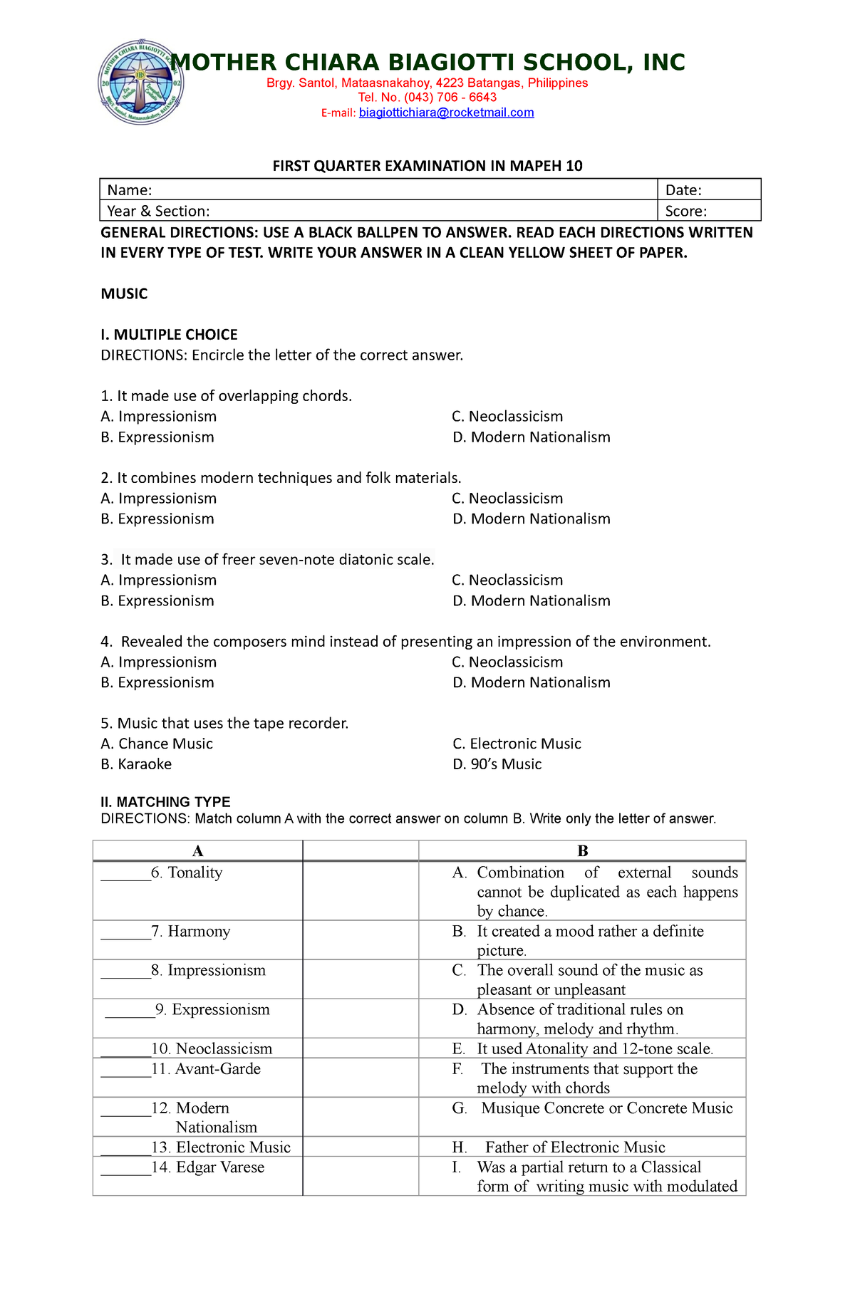 Mapeh 10 EXAM - BLJVGBJLVBVJ KHFVHK - Brgy. Santol, Mataasnakahoy, 4223 ...