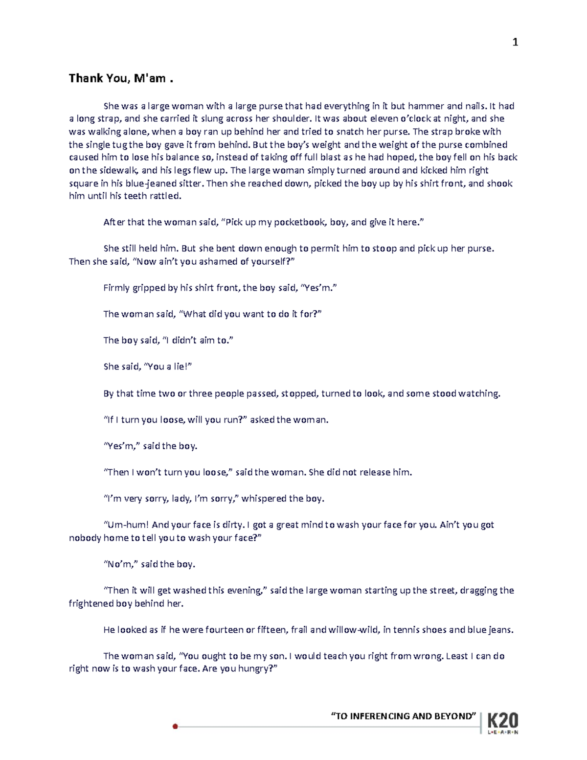 Langston Hughes Paired Passages Thank You, M'am. She was a large