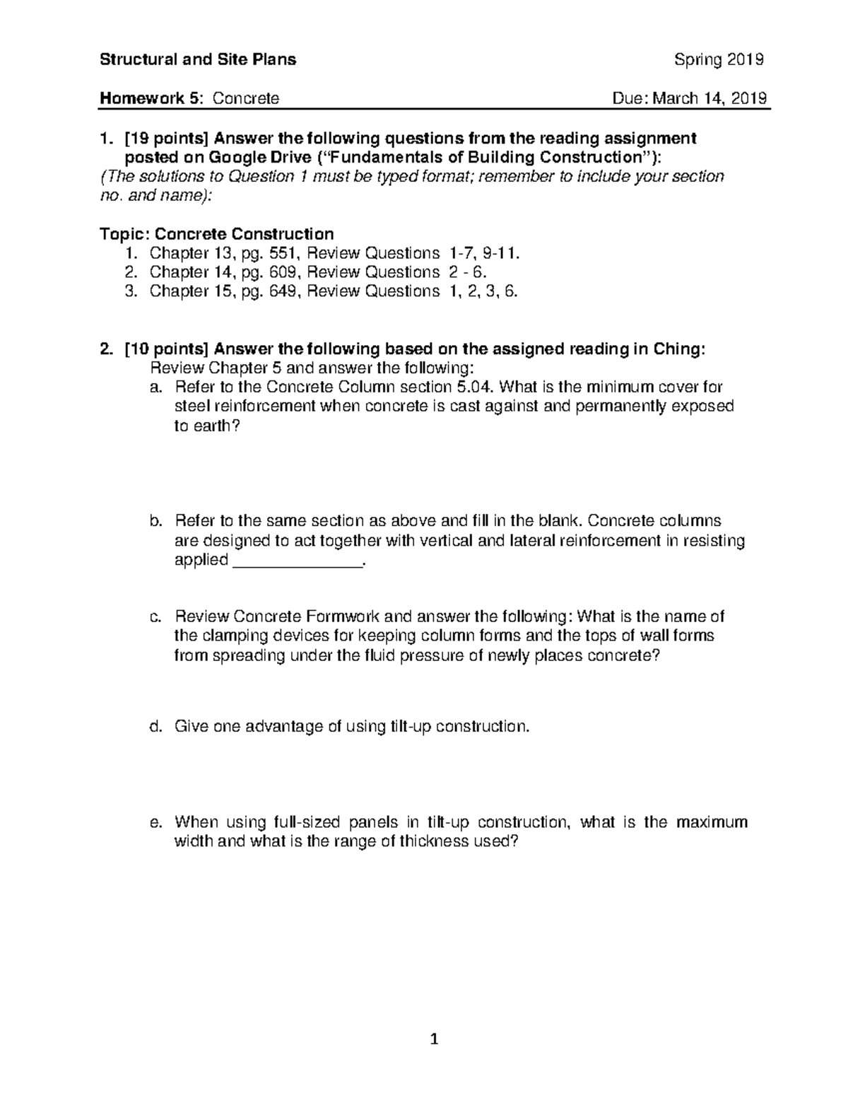 CE 209 HW 5 Sp 2019 - Concrete - Structural and Site Plans Spring 2019 ...