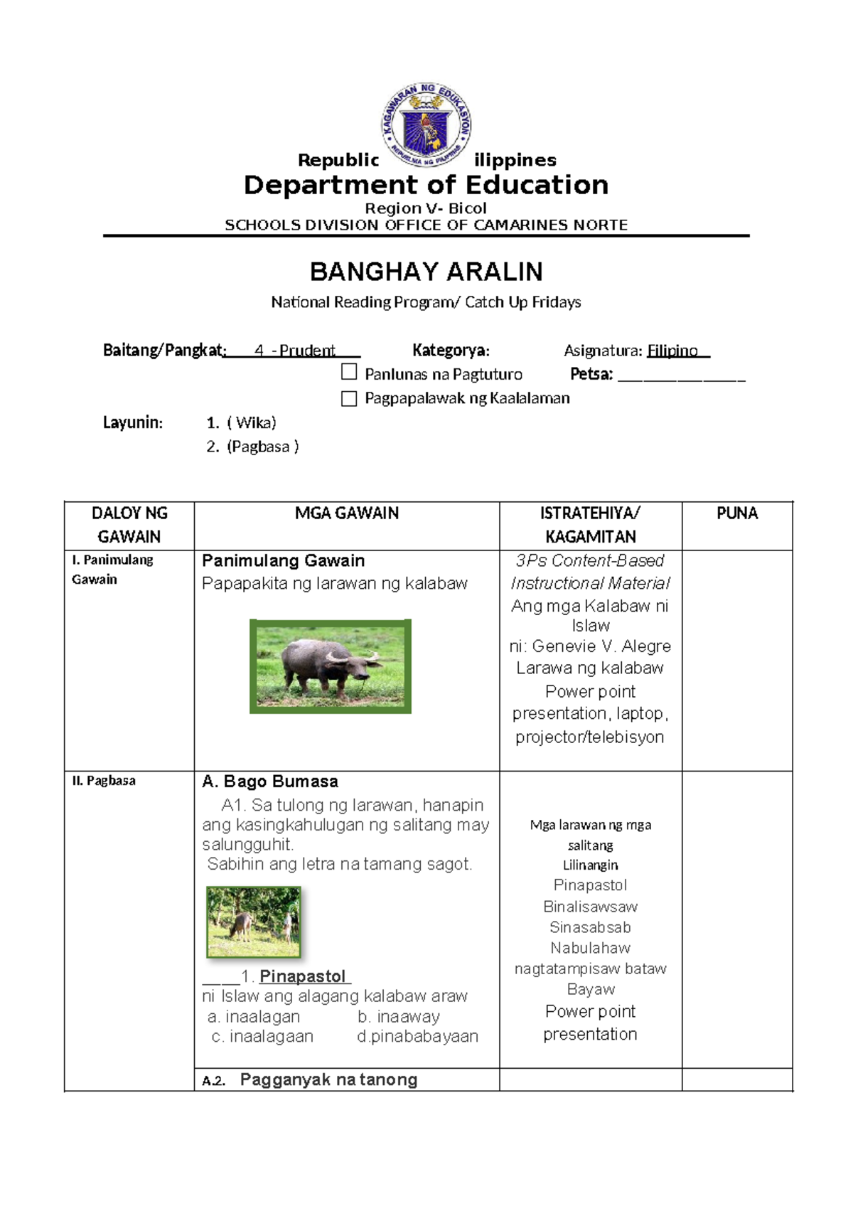 Sample Lesson Plan English and Filipino Catch up Friday - 2 Republic of ...
