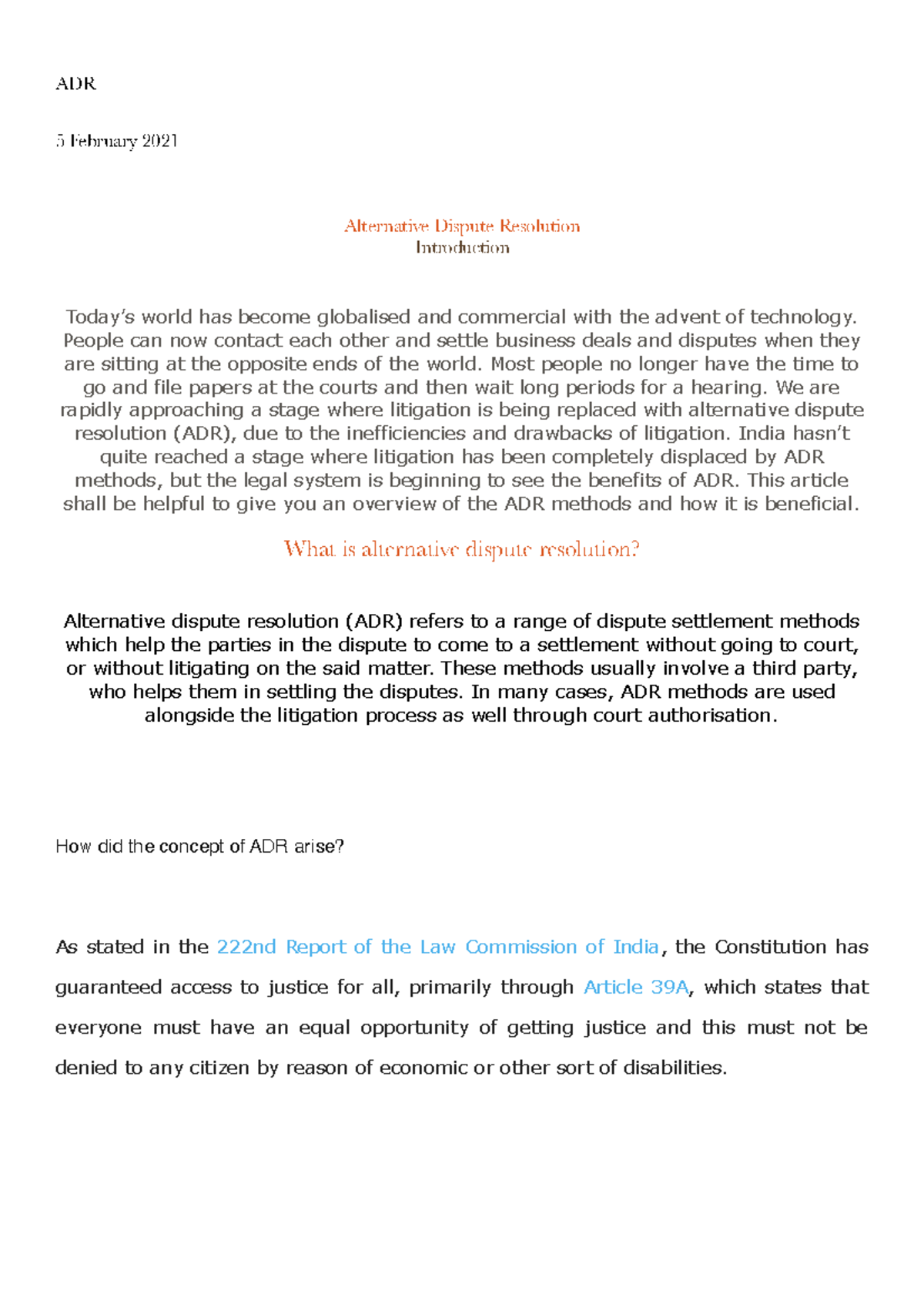 ADR Notes - ADR 5 February 2021 Alternative Dispute Resolution ...