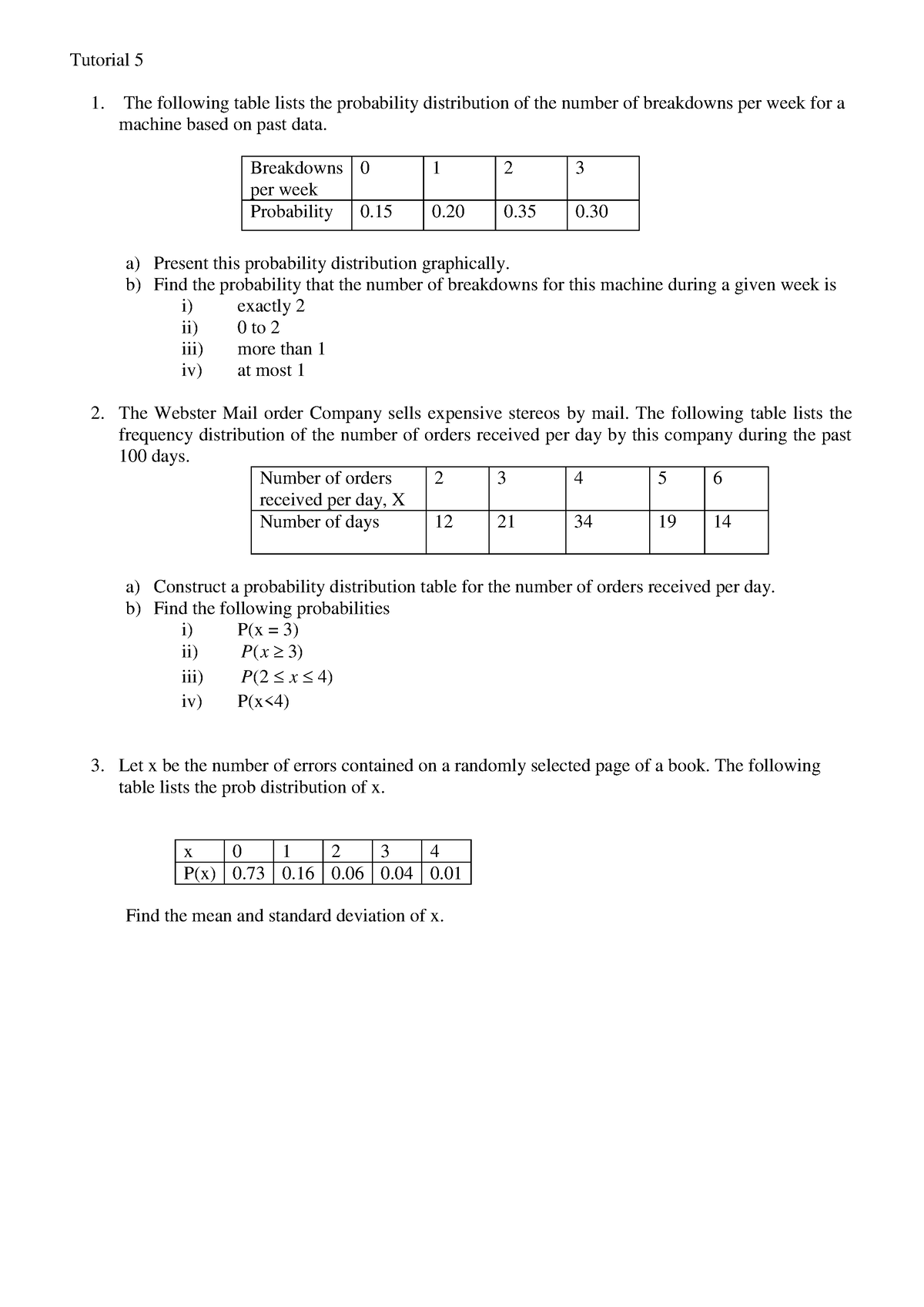 Tutorial 5 Prob distribution Discrete - Tutorial 5 The following table ...