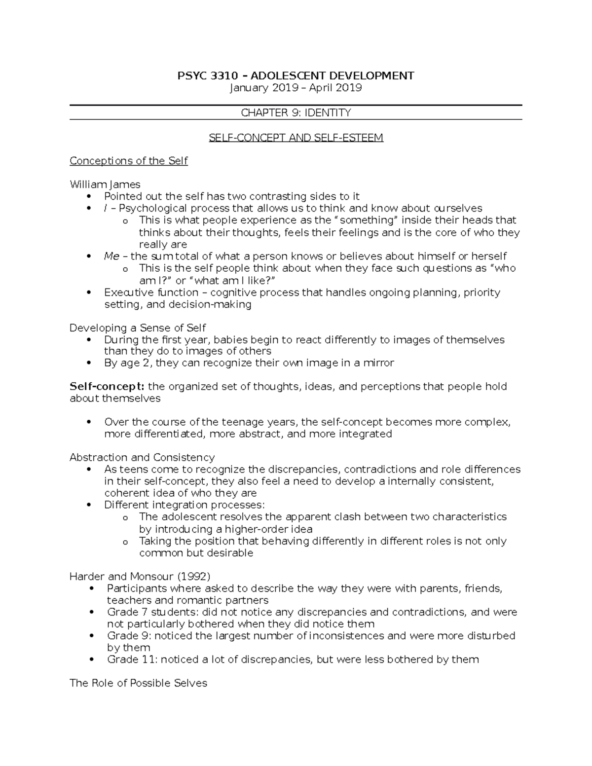 Chapter 9 - Lecture notes 9 - PSYC 3310 – ADOLESCENT DEVELOPMENT ...