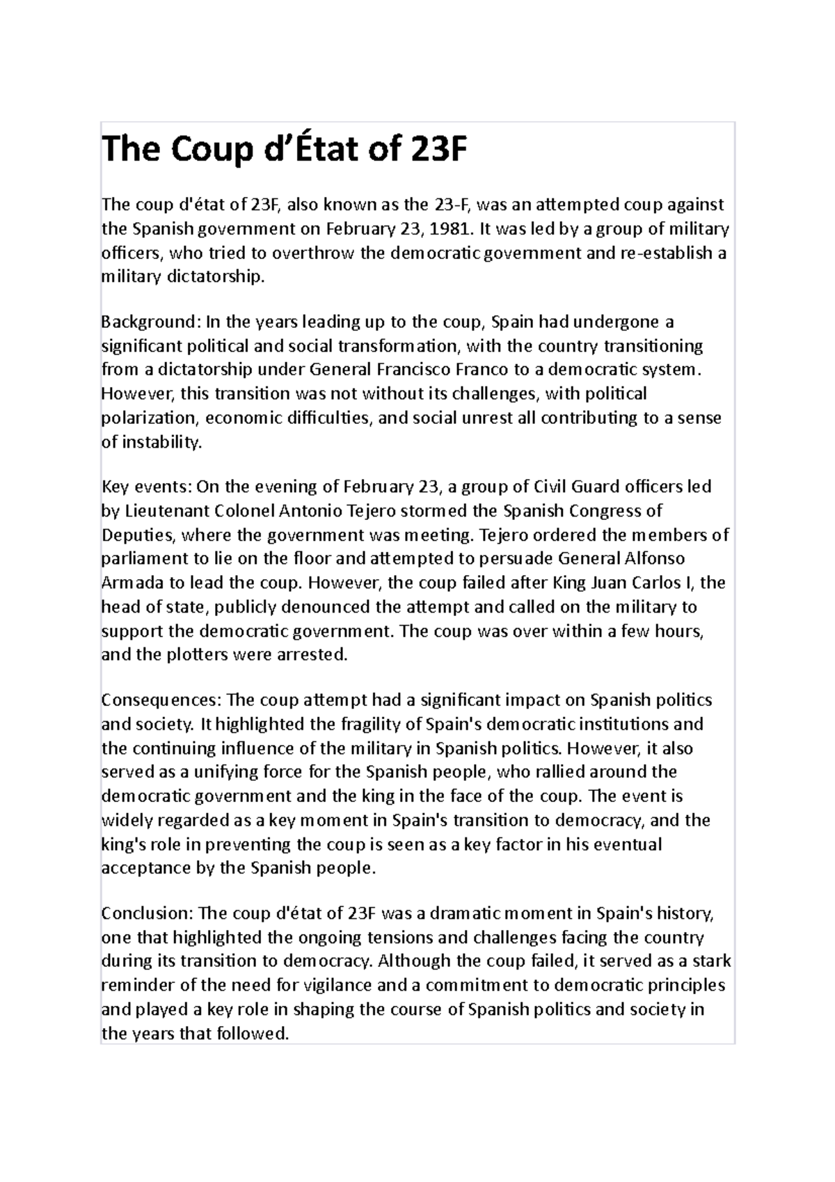 The Coup d'État of 23F These lecture notes look at the Coup d'État of