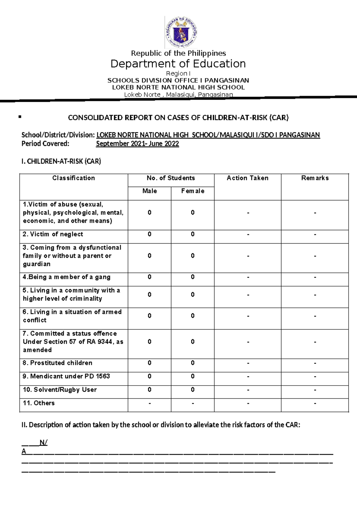 Consolidated Report ON Cases OF Children AT RISK CAR - Republic of the ...