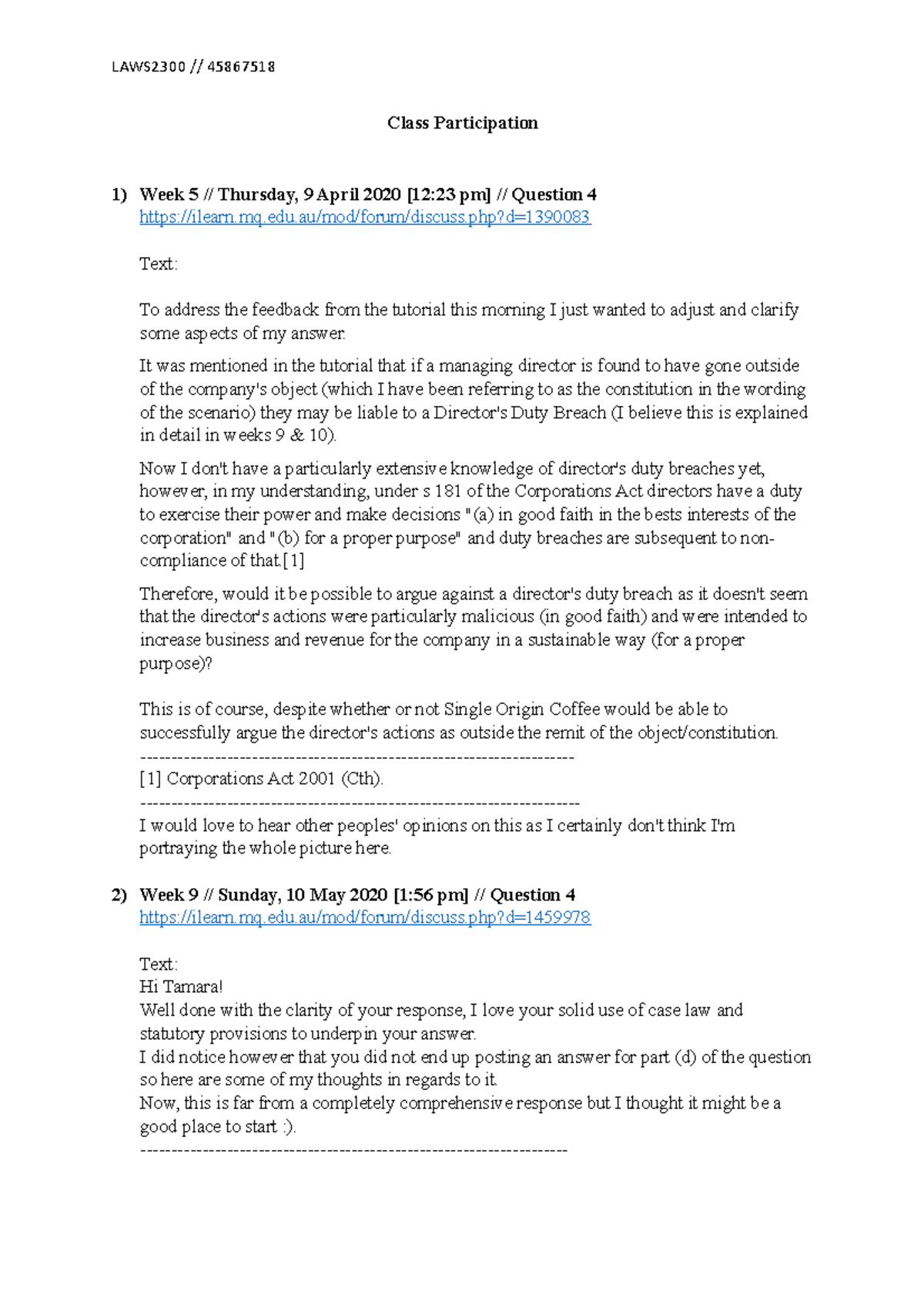 Class Participation Responses - LAWS2300 // 45867518 Class ...