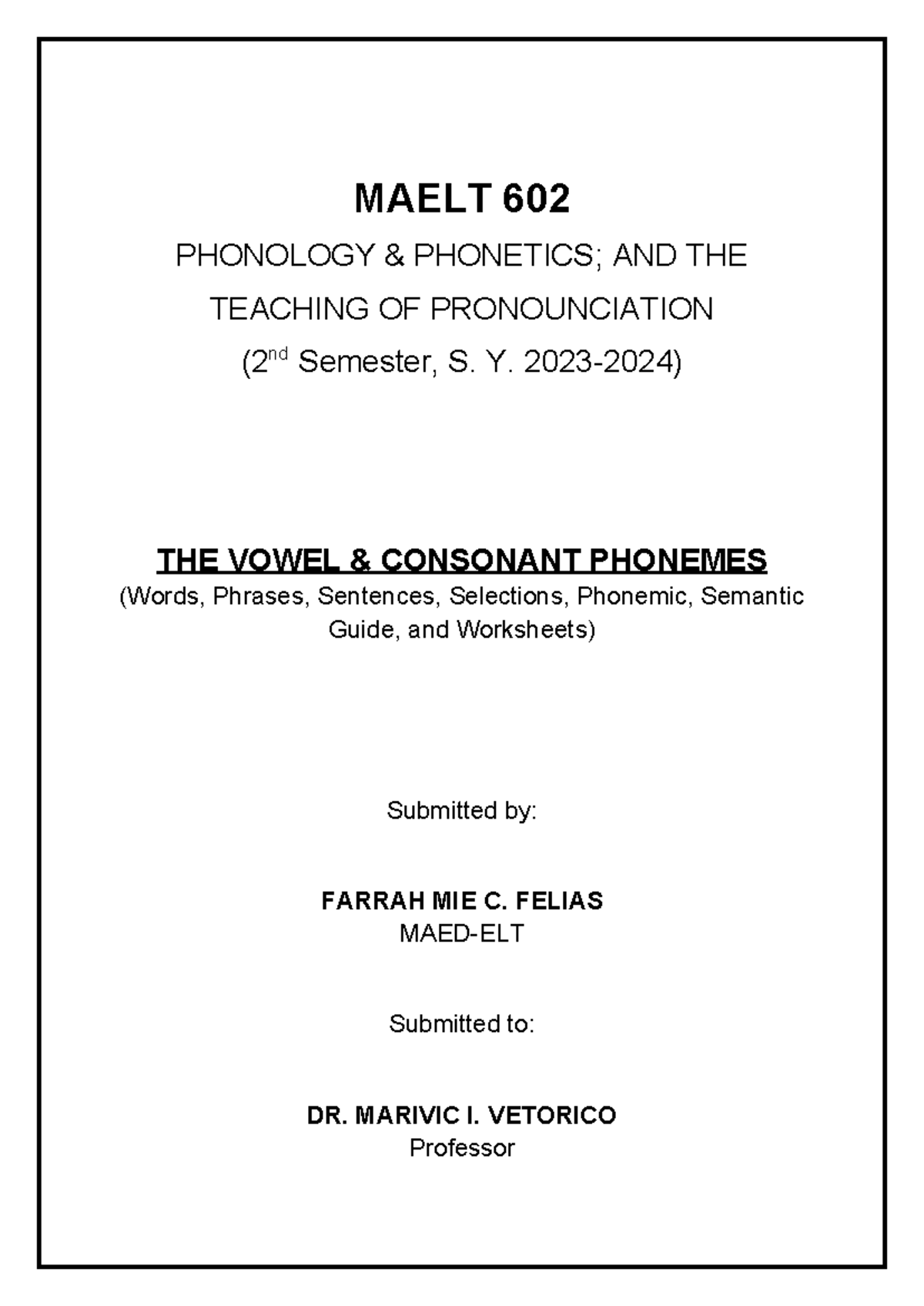 Cover - Felias - English - MAELT 602 PHONOLOGY & PHONETICS; AND THE ...