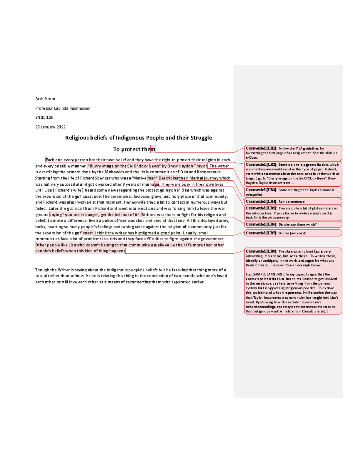 Thesis - WRITTEN WORK FOR ENGL 125 - Arsh Arora Professor Lucinda ...