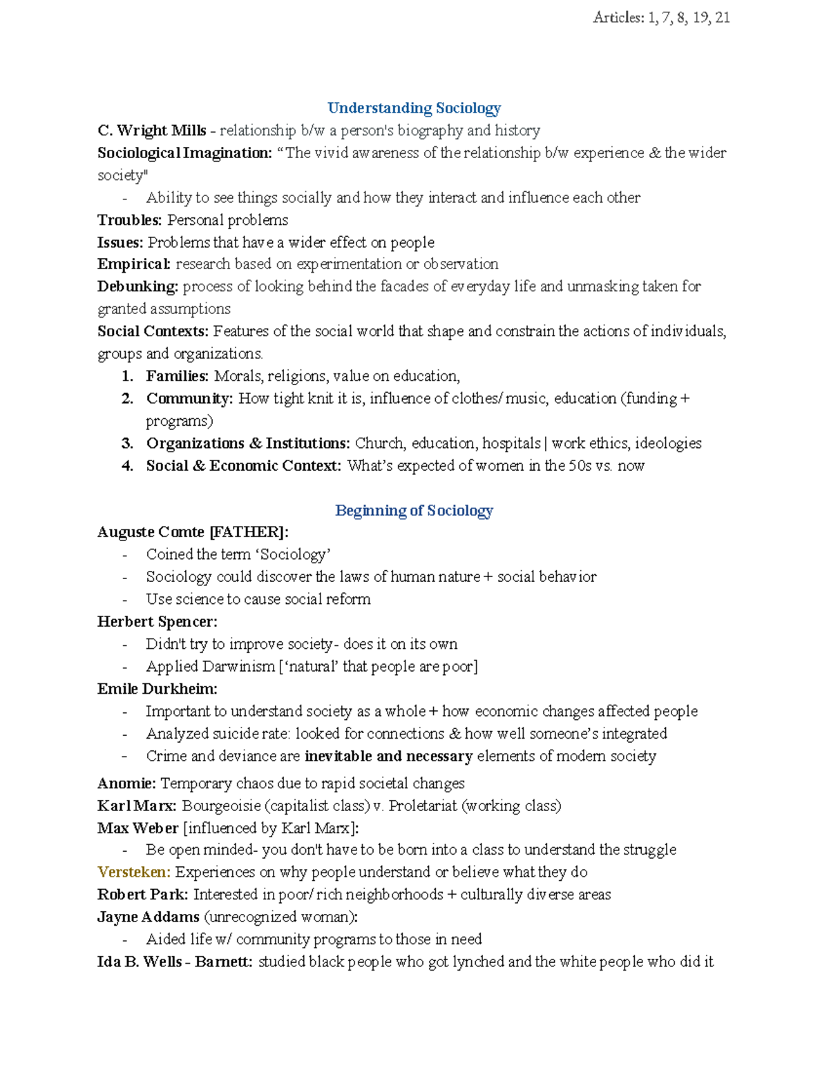 Soc 101 Articles 1, 7, 8, 19, 21 Understanding Sociology C. Wright