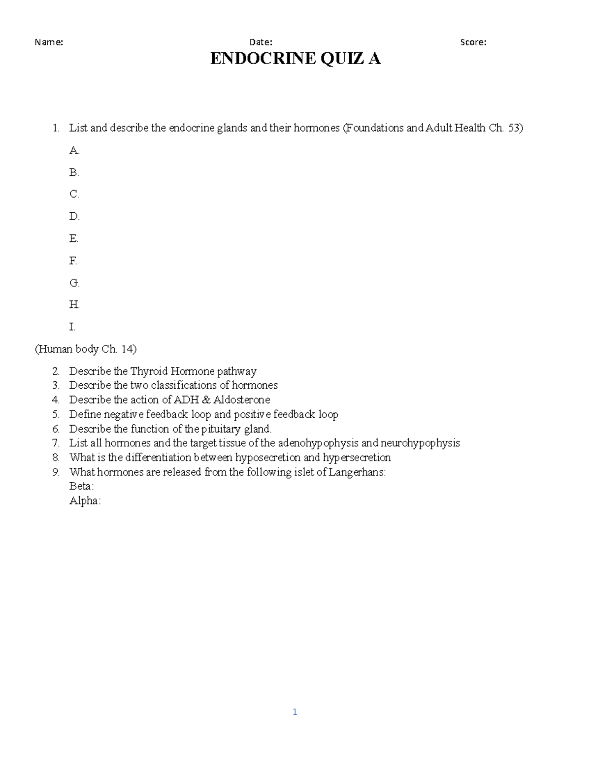 Endocrine QUIZ A - Name: Date: Score: ENDOCRINE QUIZ A List And ...