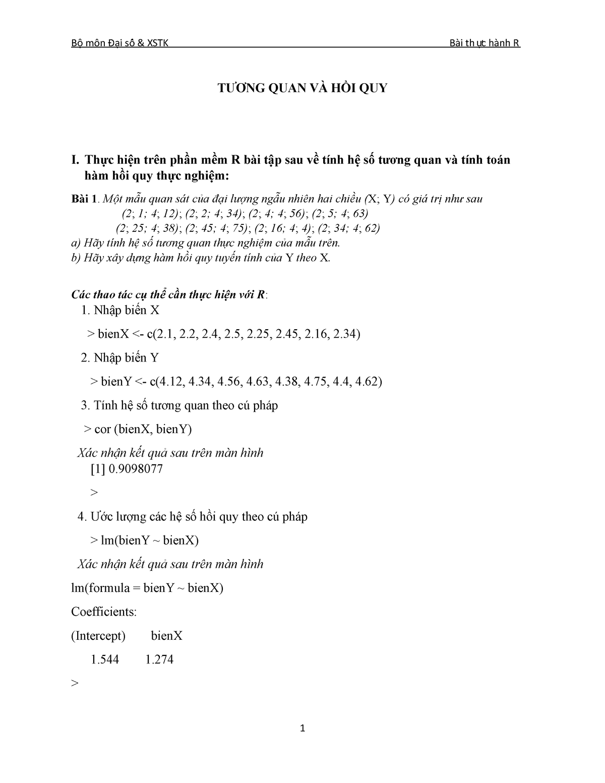 Bài Thực Hành Tính Toán Tương Quan Hồi Quy Trên R - Tương Quan Và Hồi Quy  I. Thực Hiện Trên Phần Mềm - Studocu