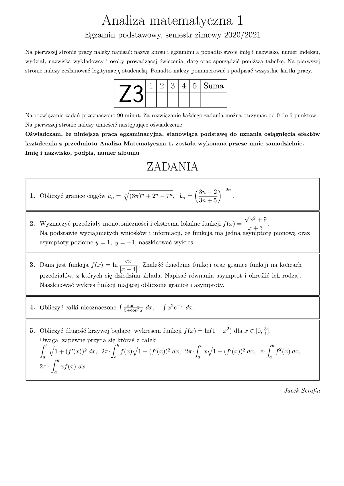 Z3 - Kolos Analiza 1.1 - Analiza Matematyczna 1 Egzamin Podstawowy ...