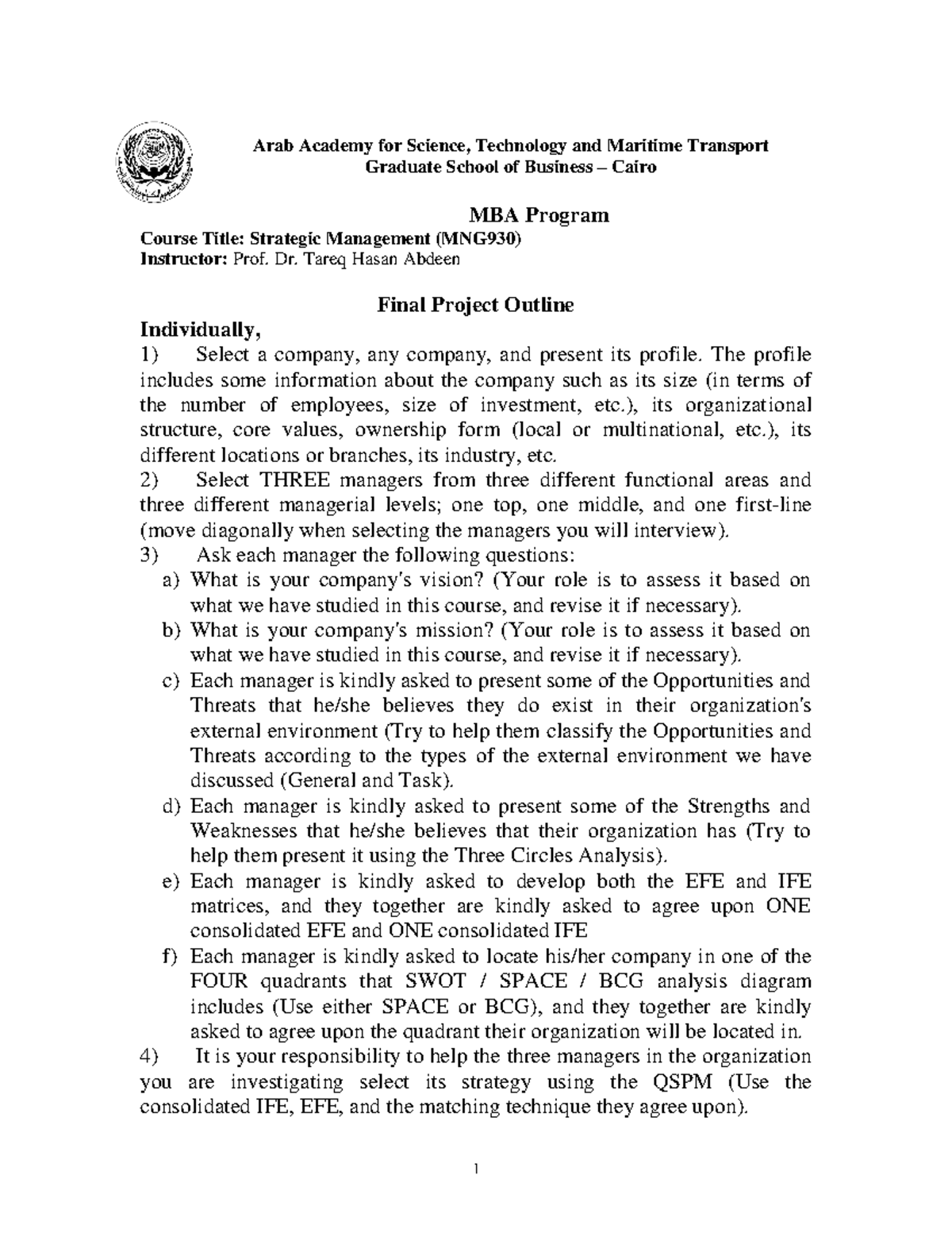 Strategic Mgmt Project Outline (MBA) - 1 Arab Academy for Science ...