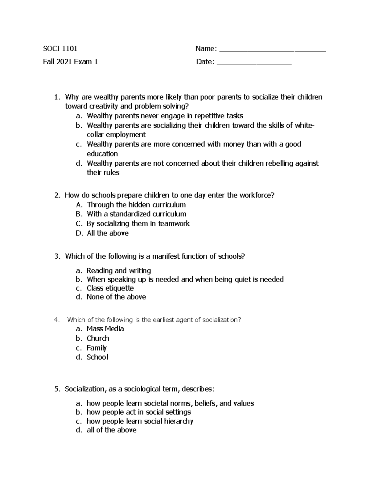 SOCI 1101 Exam 1 FALL 2021 - SOCI 1101 Name ...