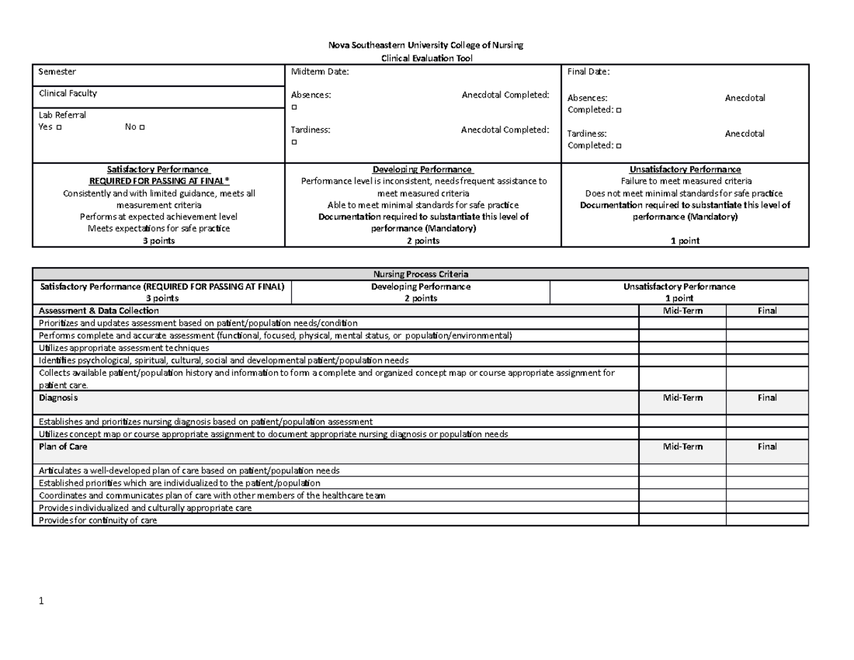 Clinical Evaluation Tool - Nova Southeastern University College of ...