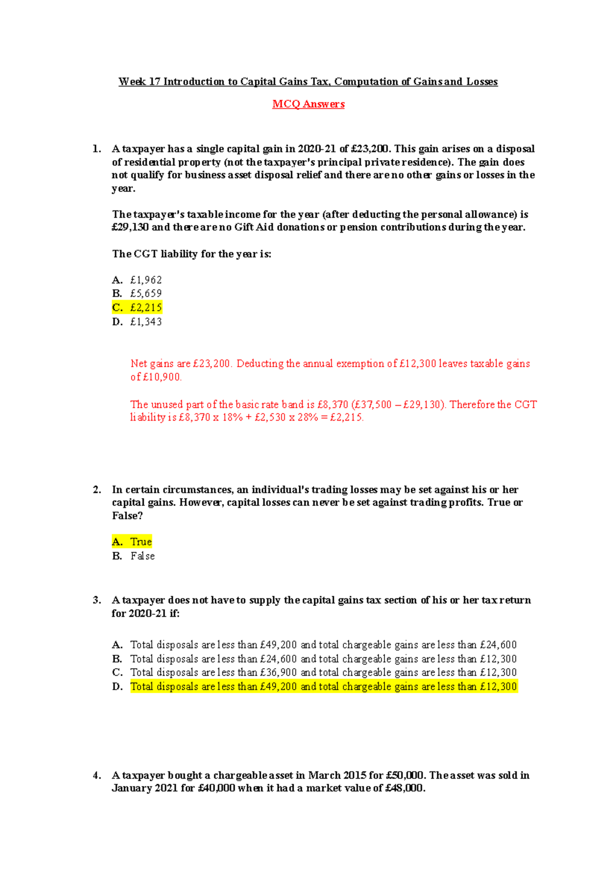 Seminar 1 MSQs Answers - Week 17 Introduction To Capital Gains Tax ...