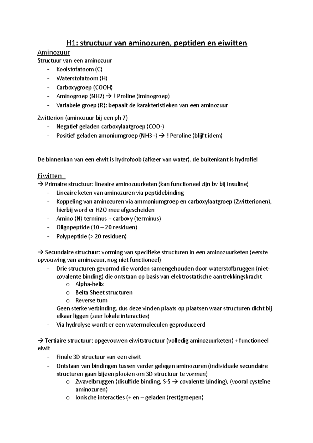 Samenvatting - H1: Structuur Van Aminozuren, Peptiden En Eiwitten ...