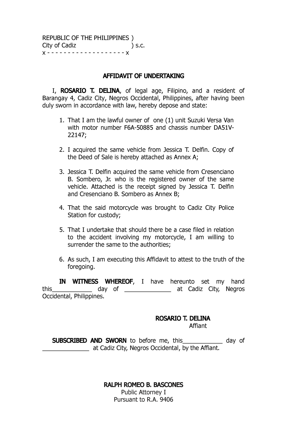 Affidavit For Use In Courts Republic Of The Philippines City Of Cadiz S X X Affidavit 5191