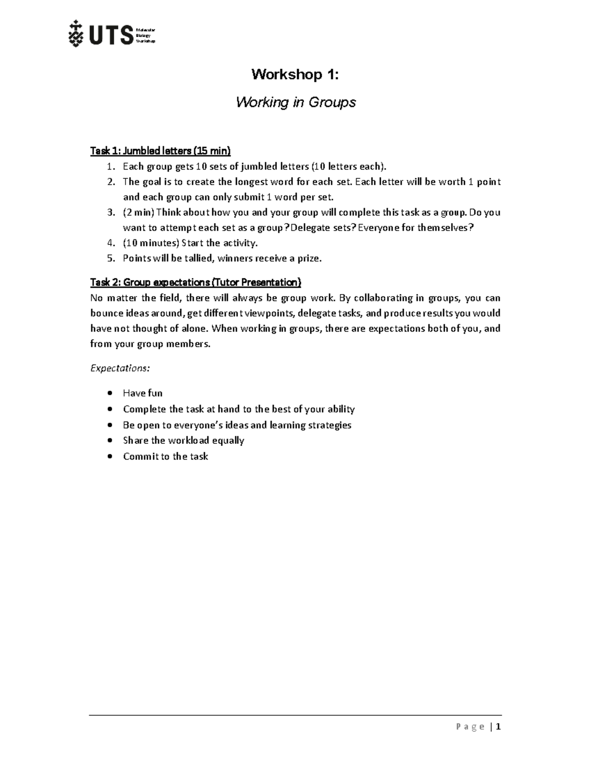 Workshop 1 - notes - P a g e | 1 MolecularBiology Workshop Workshop 1 ...