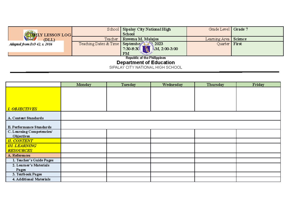 DLL-Template September 25-29 - School Sipalay City National High School ...