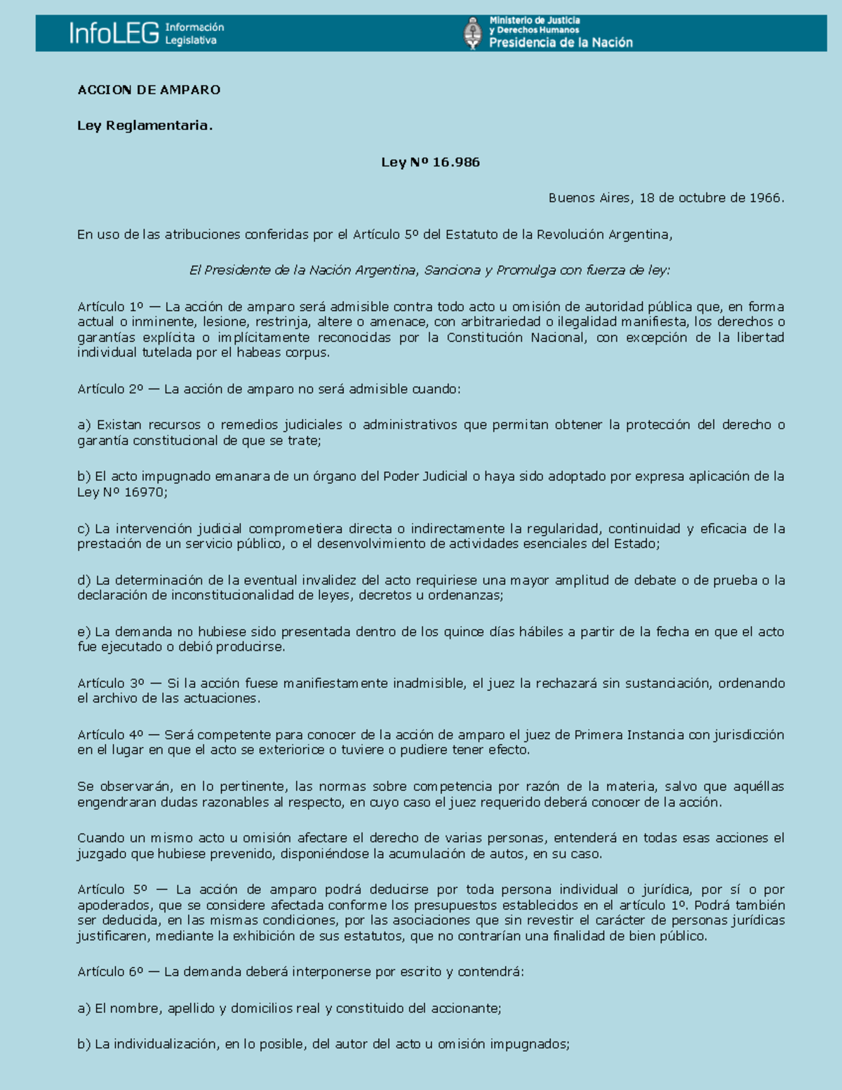 10.- Ley Amparo - ACCION DE AMPARO Ley Reglamentaria. Ley Nº 16. Buenos ...