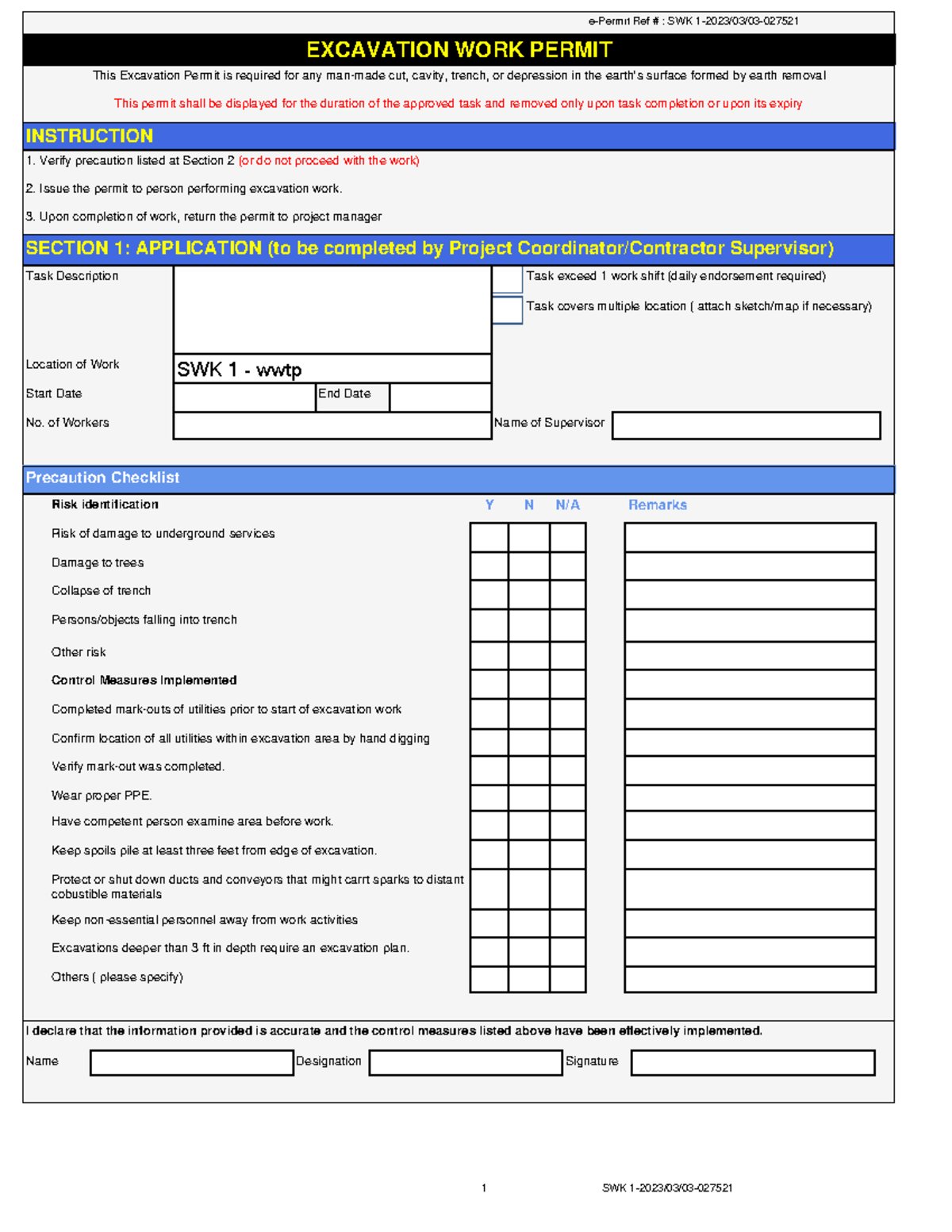 Excavation Work Permit hording - e-Permit Ref # : SWK 1-2023/03/03 ...