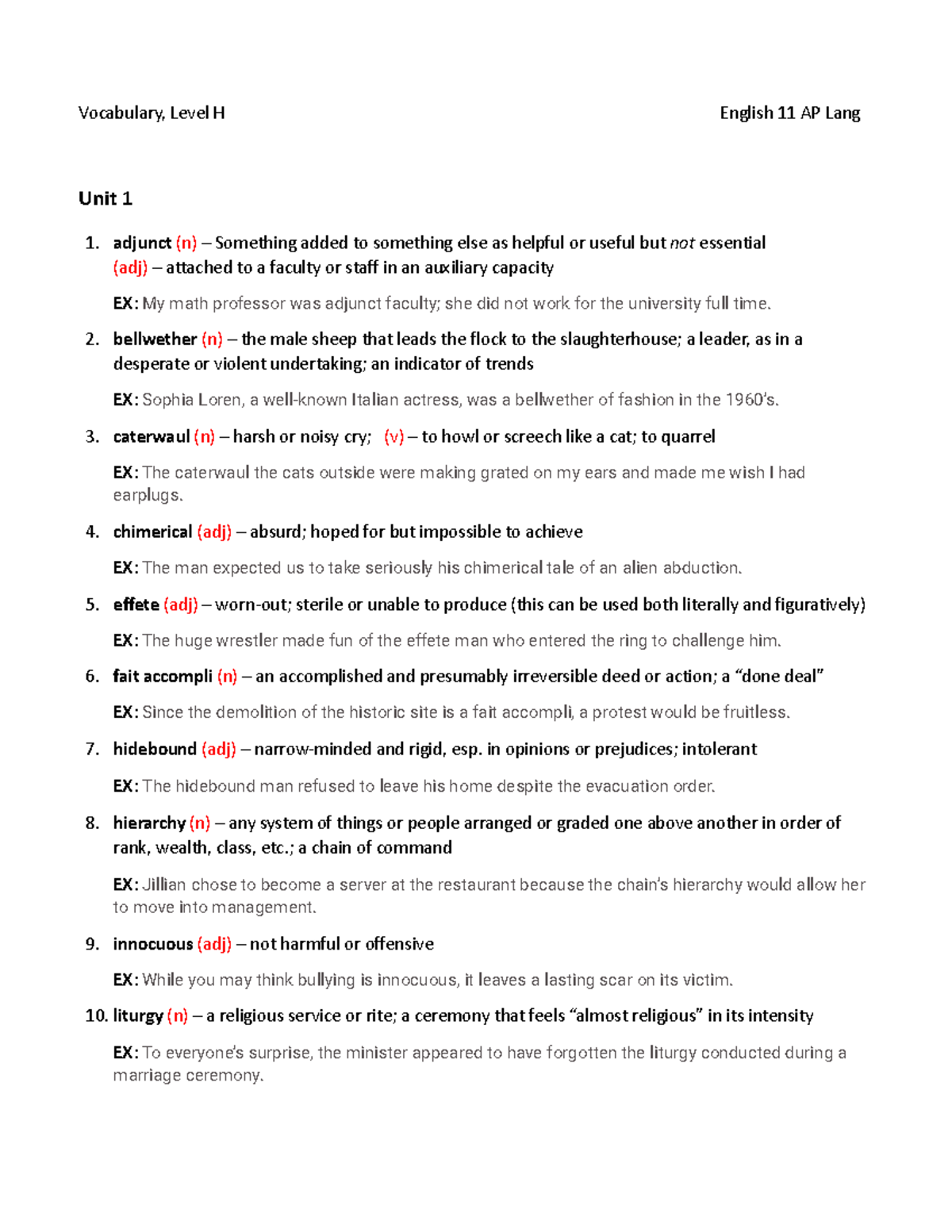 Unit+1+Vocabulary Level+H - Vocabulary, Level H English 11 AP Lang Unit ...