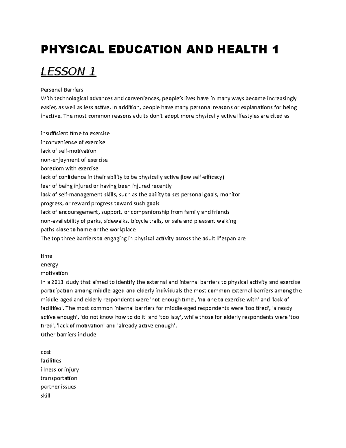 Physical Education AND Health I - PHYSICAL EDUCATION AND HEALTH 1 ...