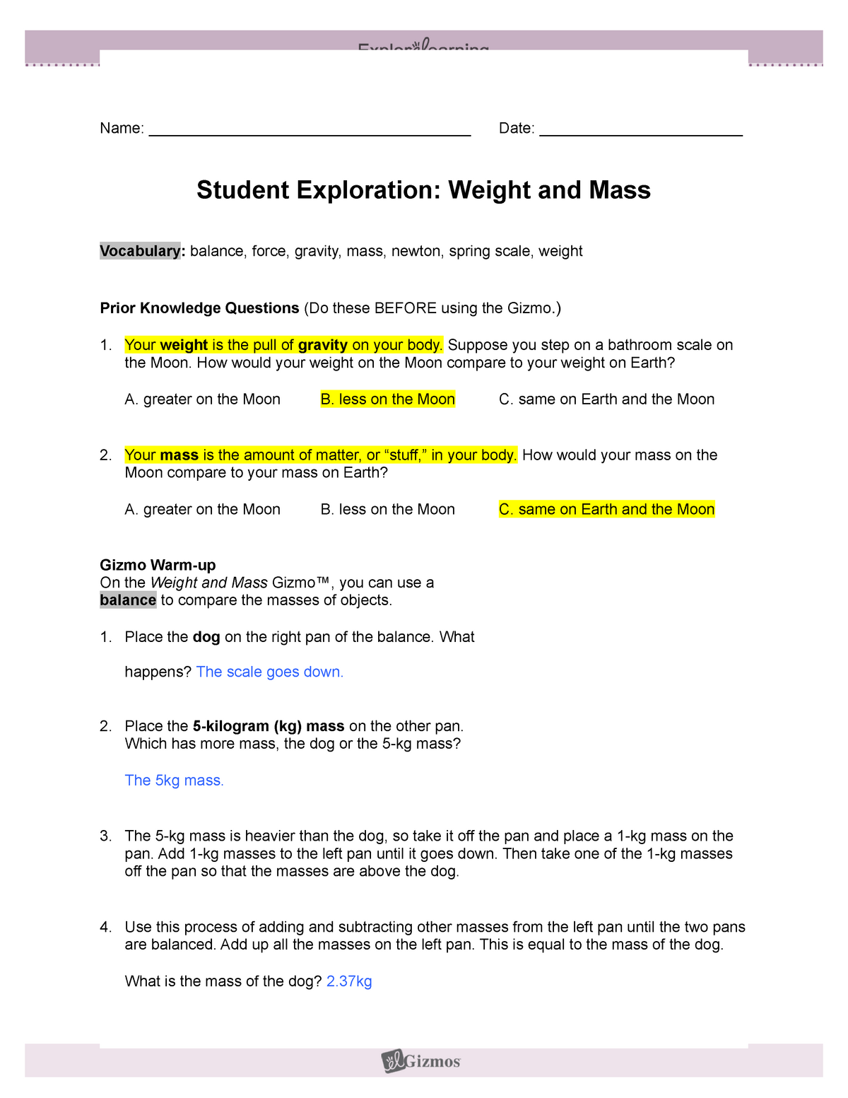 Weight Mass Student - *** 22rd Quarter ENDS This TODAY! All work Intended For Mass And Weight Worksheet