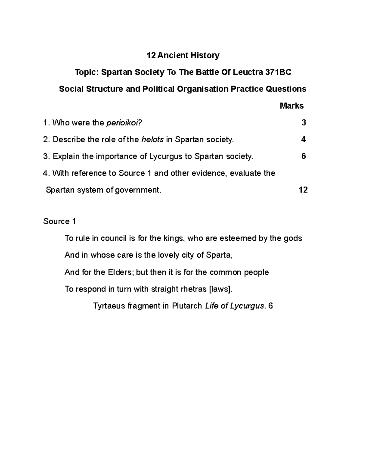 Spartan Society Practice Task 12 Ancient History Topic Spartan