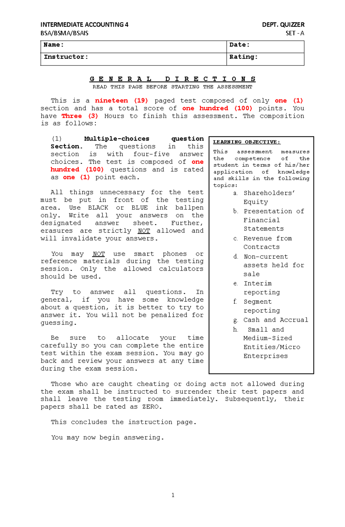 Pdfcoffee Afsjsksksks BSA/BSMA/BSAIS SET A Name Date Instructor