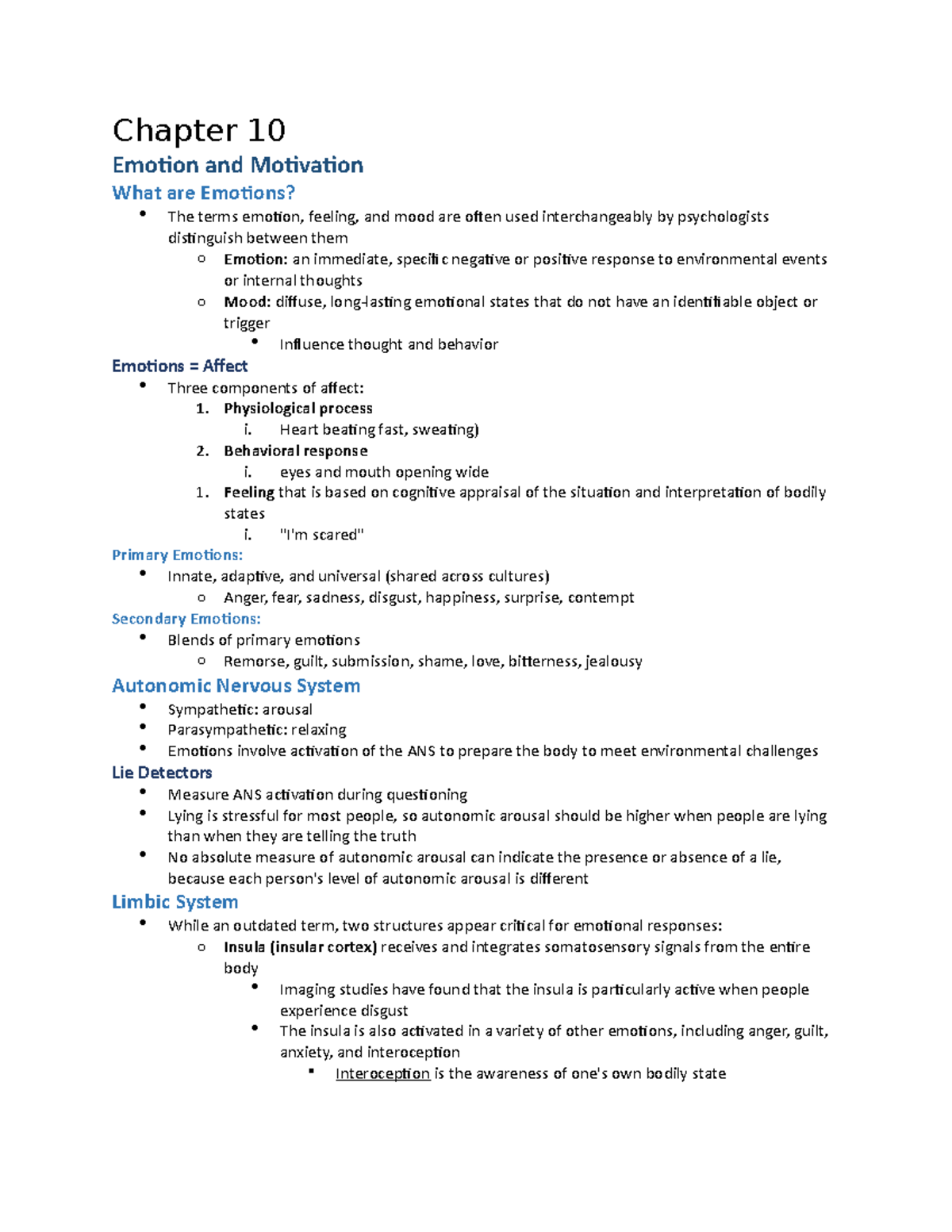 Chapter 10 Psy 100 - Emotion And Motivation - Chapter 10 Emotion And ...