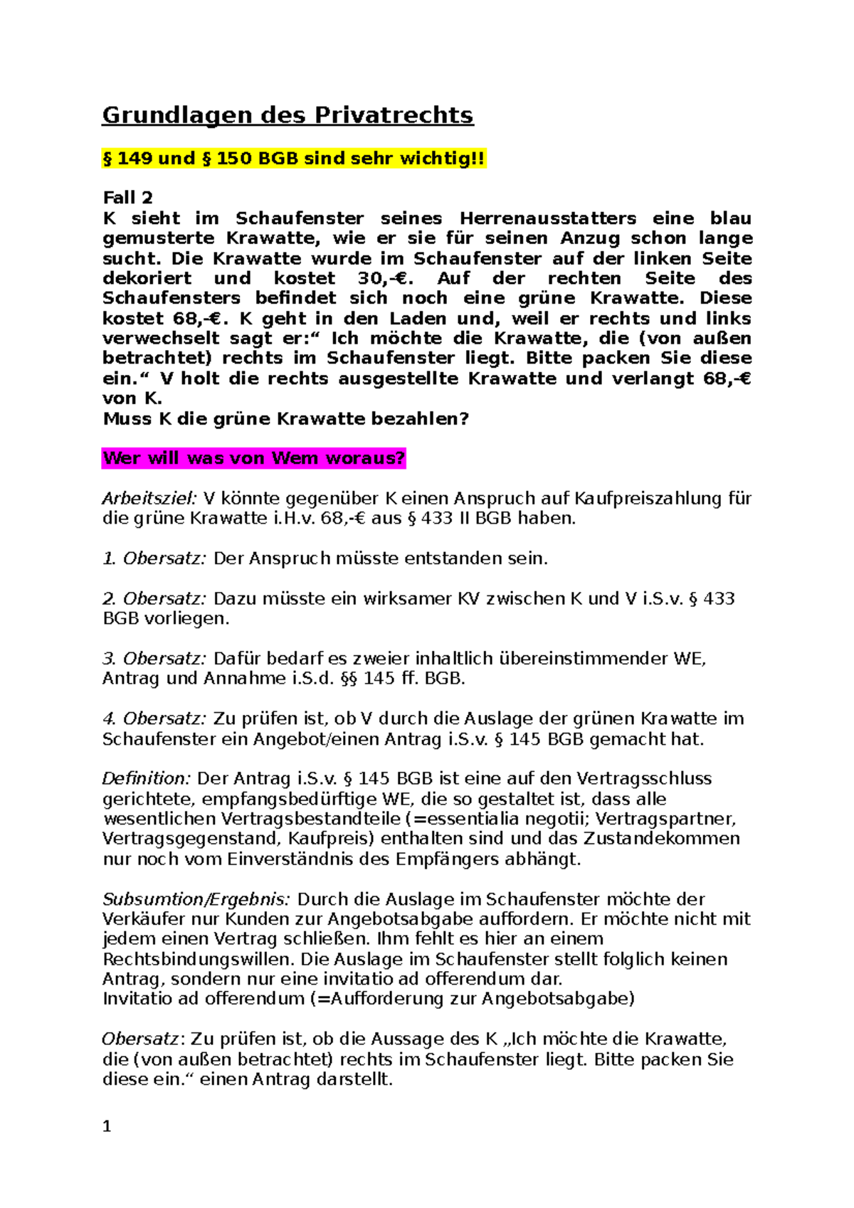 Fall 2 Grundlagen des Privatrechts Fall 2 Komplette Lösung