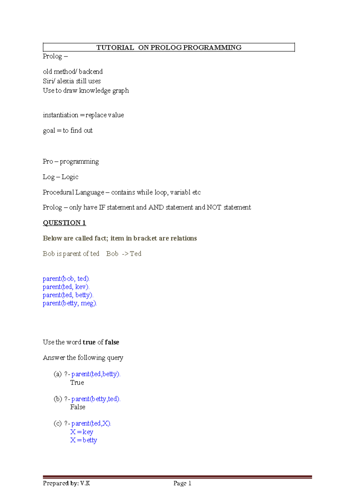 Prolog (Tutorial) question - TUTORIAL ON PROLOG PROGRAMMING Prolog ...