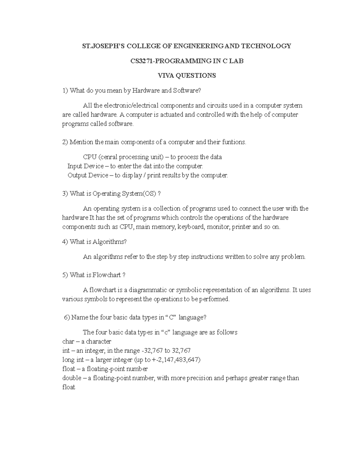 C lab viva This is the viva queston for c lab ST’S COLLEGE OF