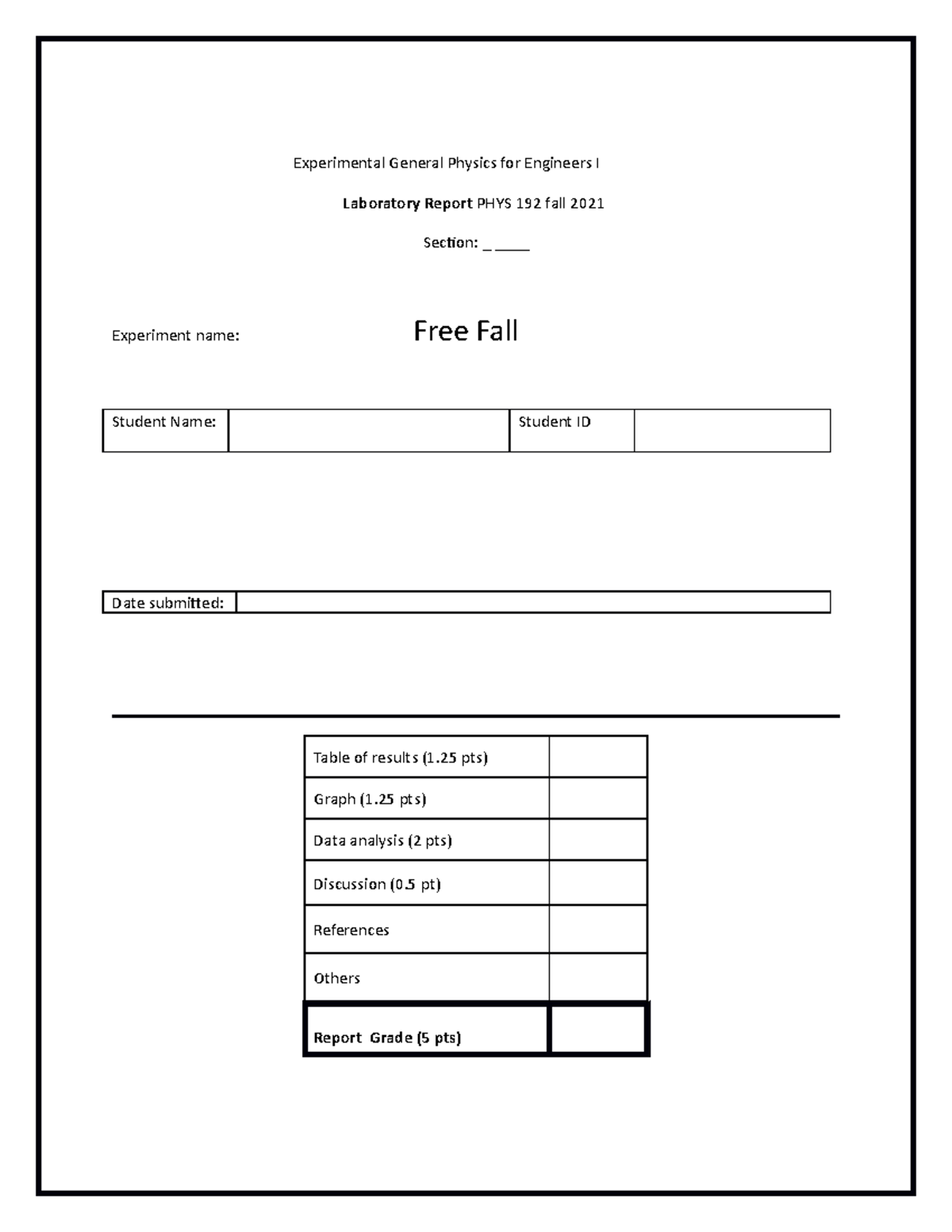 1- Free Fall - PHYS 191 LAB coursework, practice materials, lecture ...