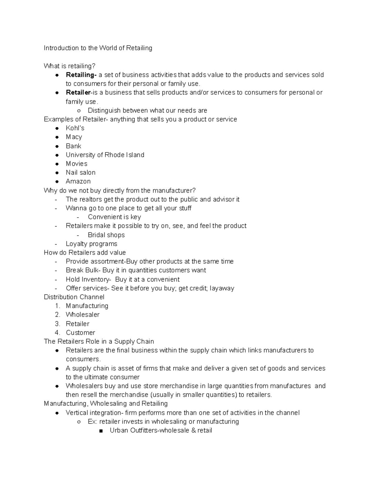 Chapter 1 Notes - Intro To Fashion Retailing - Introduction To The ...