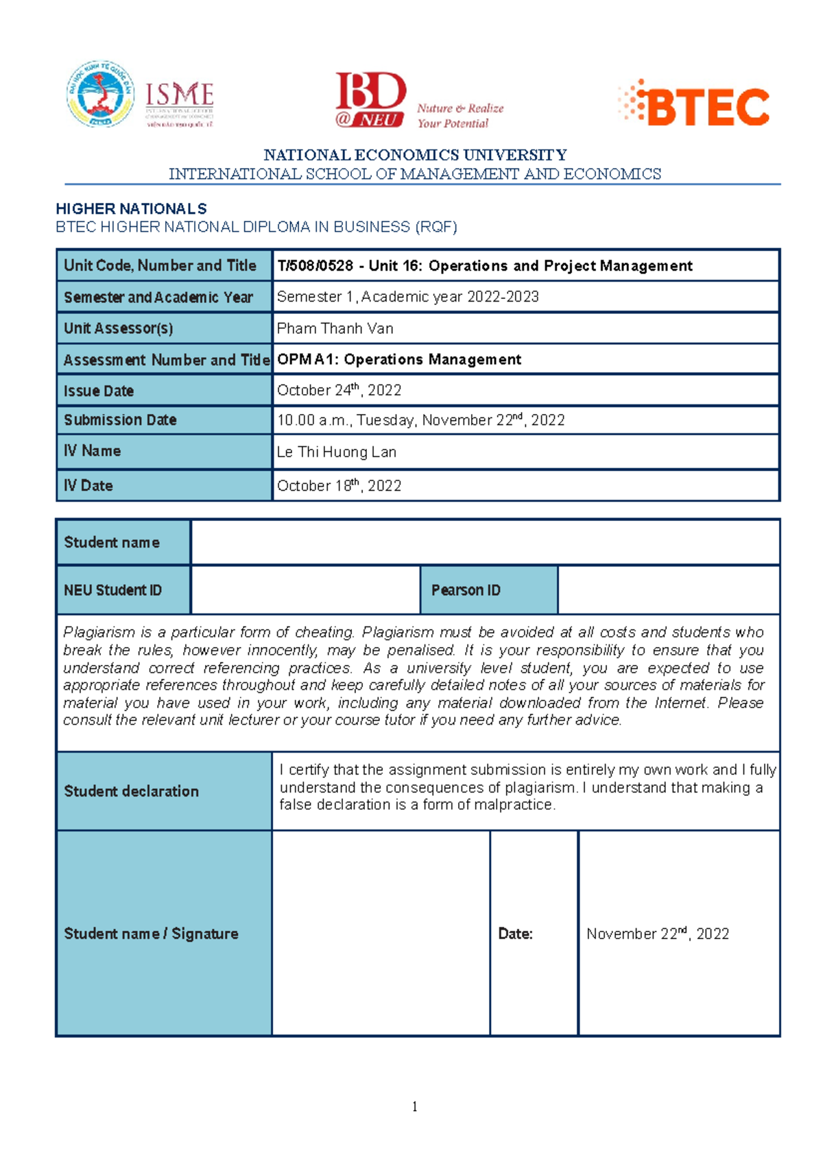 OPM A1 Fall 2022 - Assignment brief - NATIONAL ECONOMICS UNIVERSITY ...