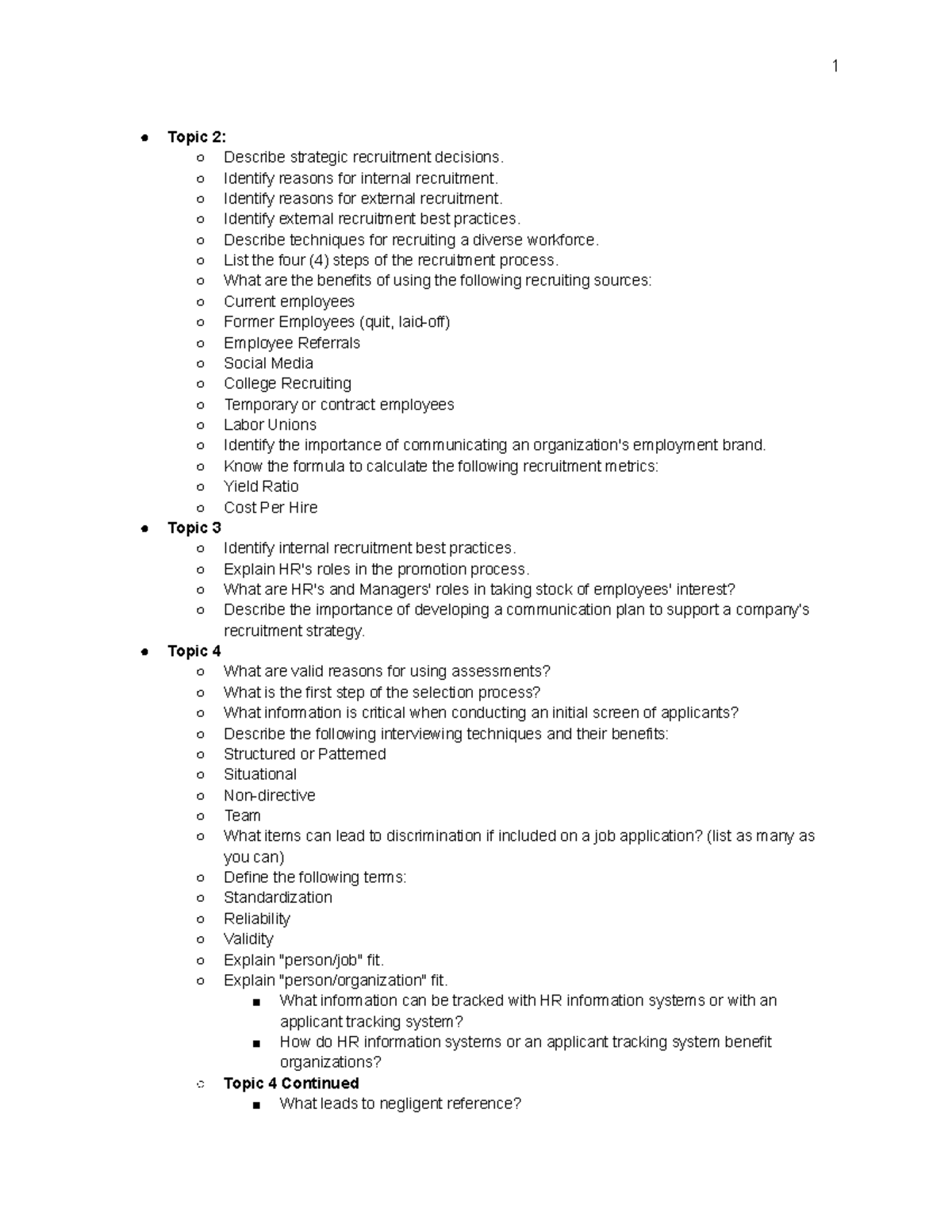 Study guide print out - 1 Topic 2: Describe strategic recruitment ...