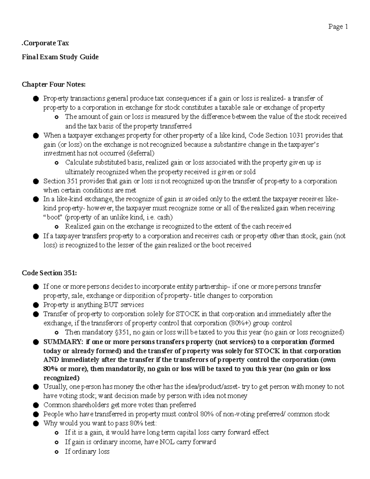 Corp Tax Final - Page 1 .Corporate Tax Final Exam Study Guide Chapter ...