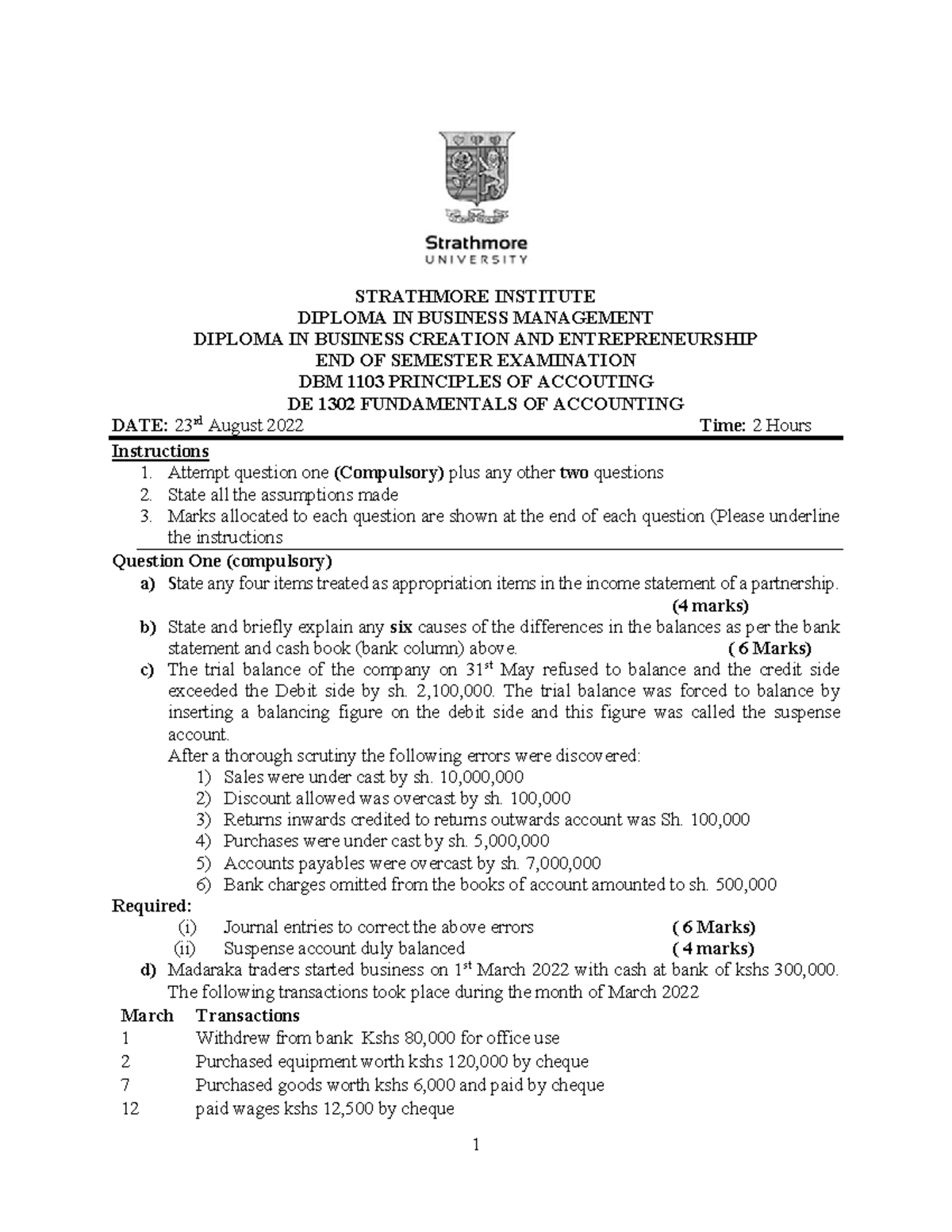 DE 1302 - Principles of accounting - August 2022 - Copy - STRATHMORE ...