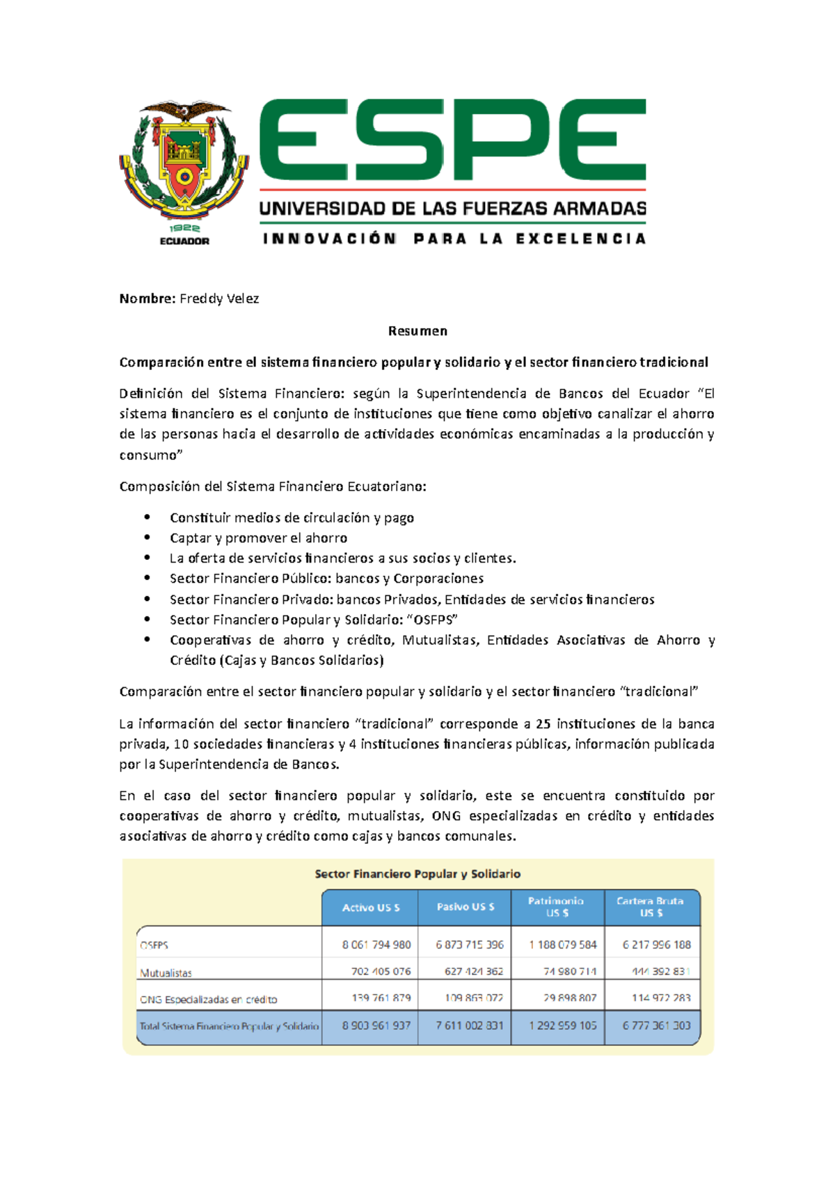 Resumen Comparación entre el sistema financiero popular y solidario y ...