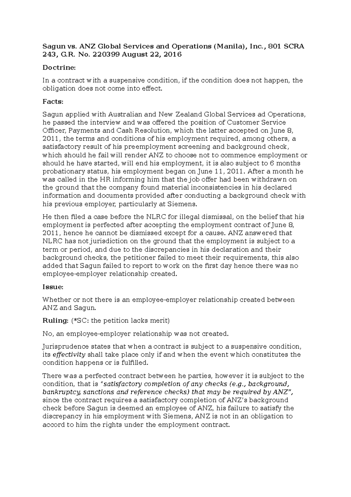 Sagun vs. ANZ Global Services and Operations (Manila), Inc Sagun vs