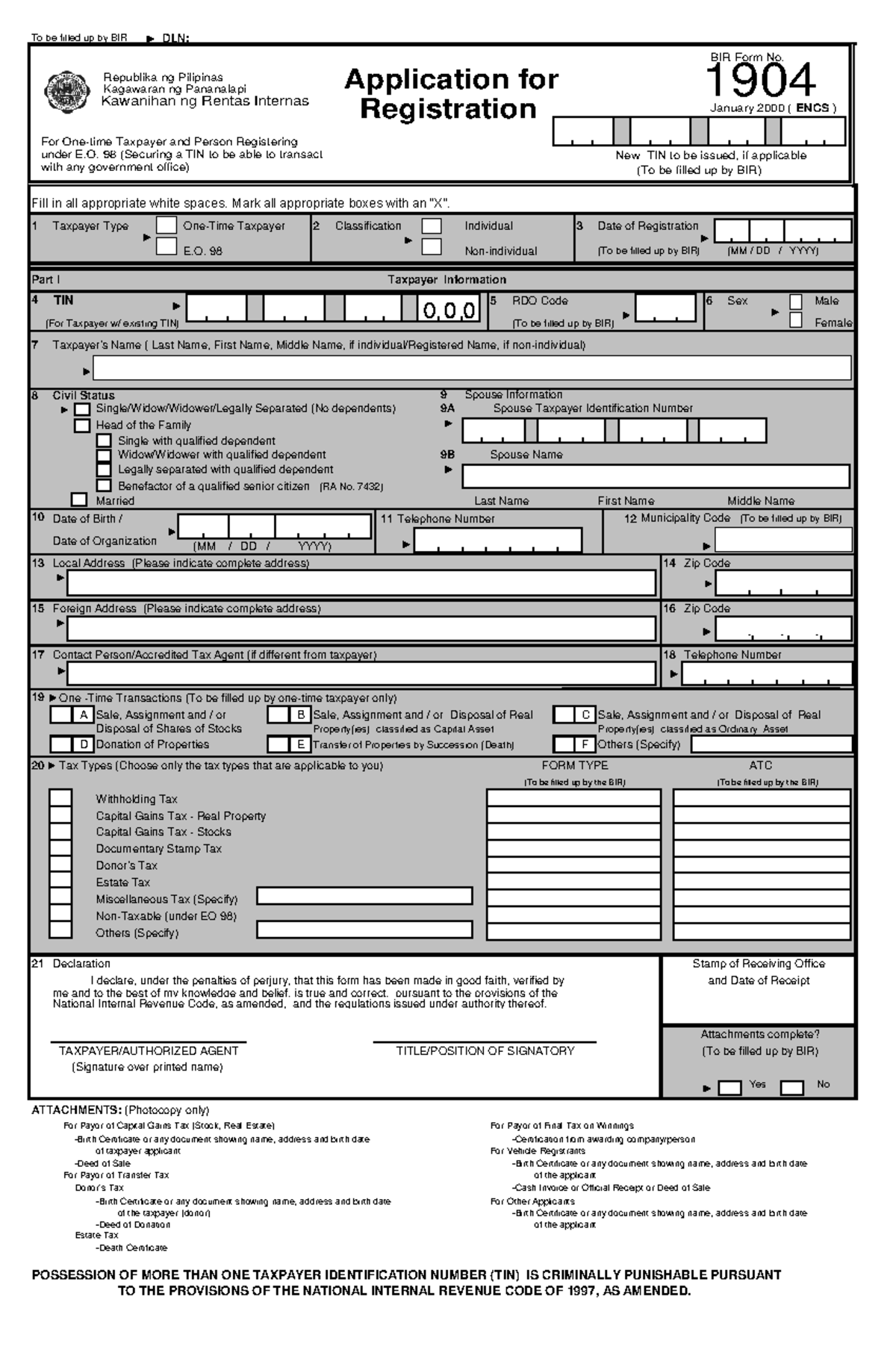 Copy of 1904 jan 2000 encs - To be filled up by BIR DLN: Fill in all ...