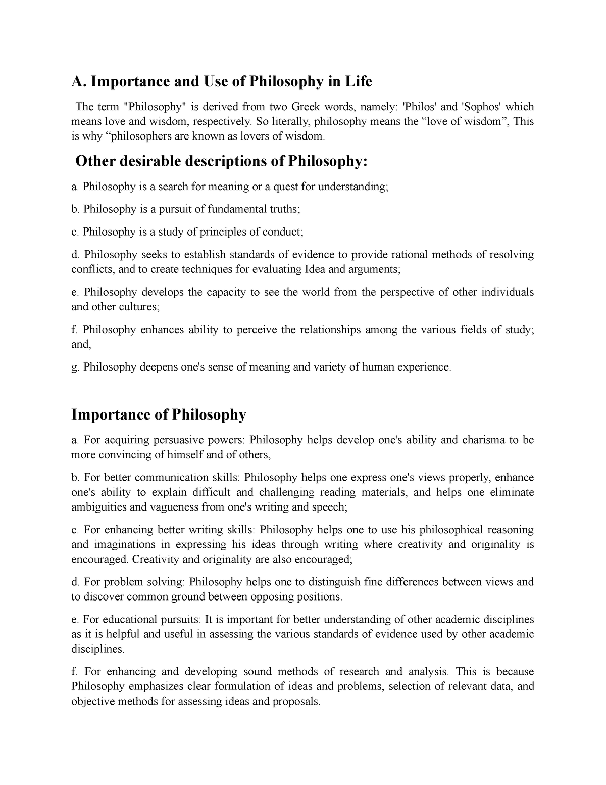 importance of philosophy in life essay brainly