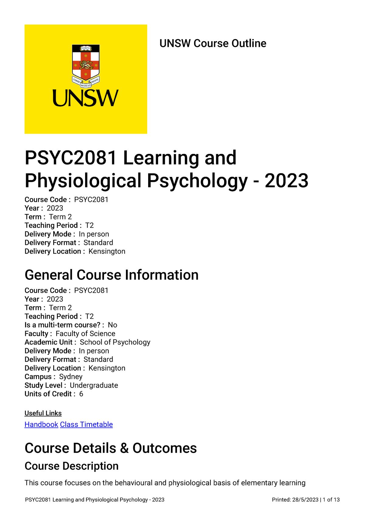 PSYC2081 2023 Term 2 Course Outline - UNSW Course Outline PSYC2081 ...